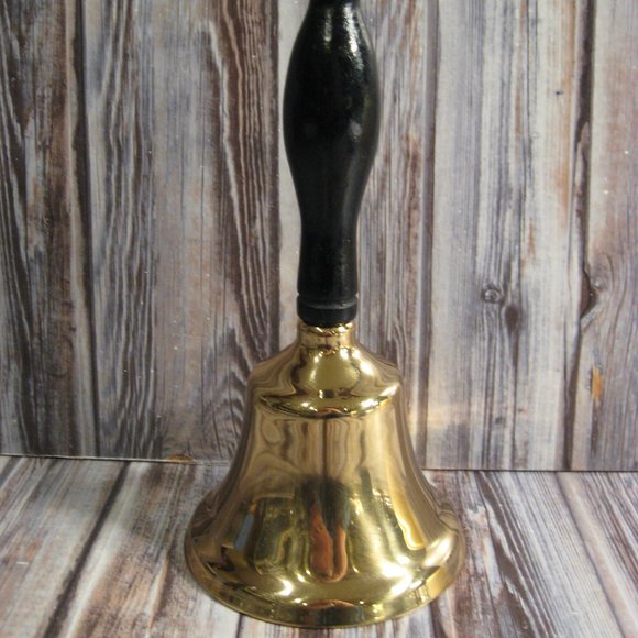 HEAVY BRASS BELL WITH WOODEN HANDLE - ENGRAVED - Picture 1 of 3